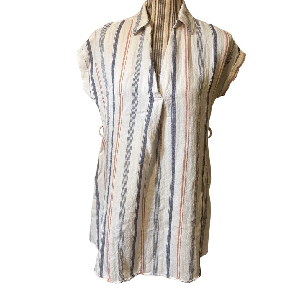MINE Tunic Top Medium White Striped Blue Orange Back Buttons Rayon Nylon Mini
